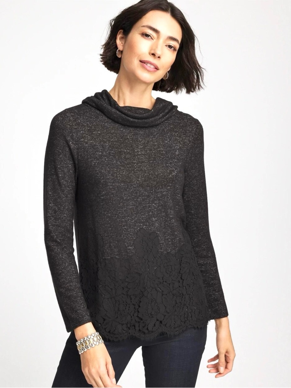 Chico’s Lace-Hem Cowl Neck Sweater Women’s Size M Elegant Tunic Scalloped Hem